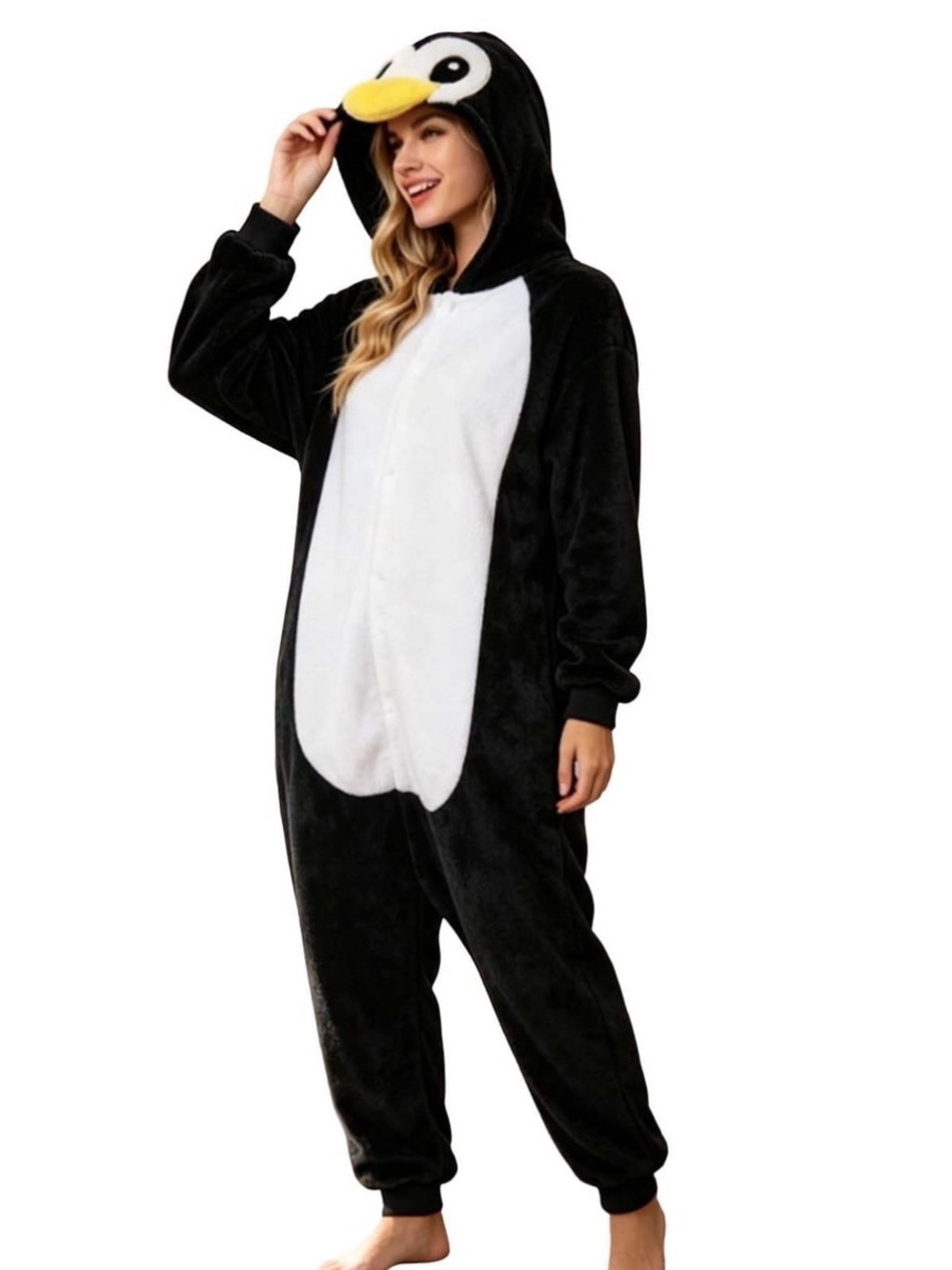 Women's Black & White Penguin Onesie Hooded Pajama